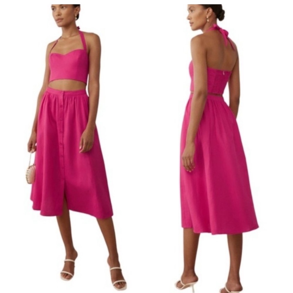Reformation Orzo Linen Two Piece Midi skirt and top pink size 0 - Picture 2 of 7